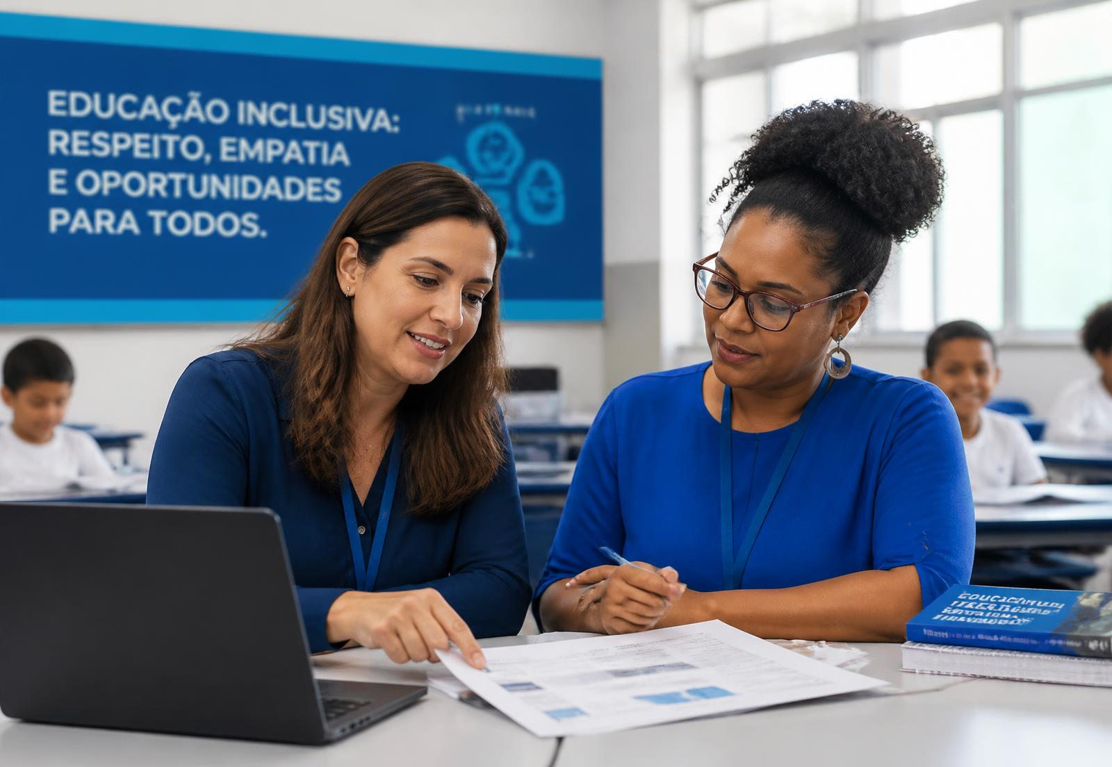 Professora e especialista em educação inclusiva analisando documentos pedagógicos em uma escola
